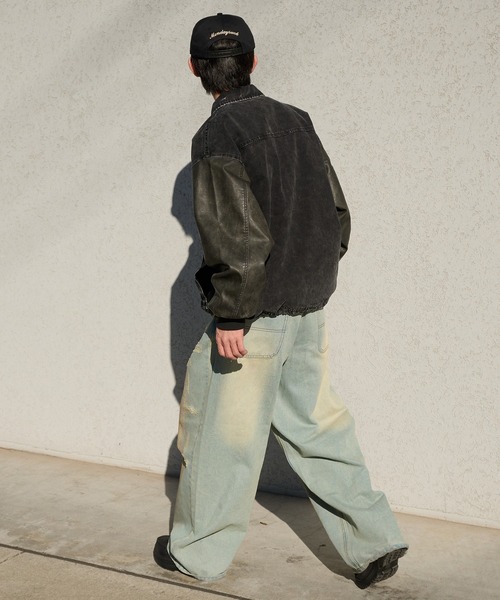 Perushu ブルゾン アウター Docking Synthetic Leather Double Pocket