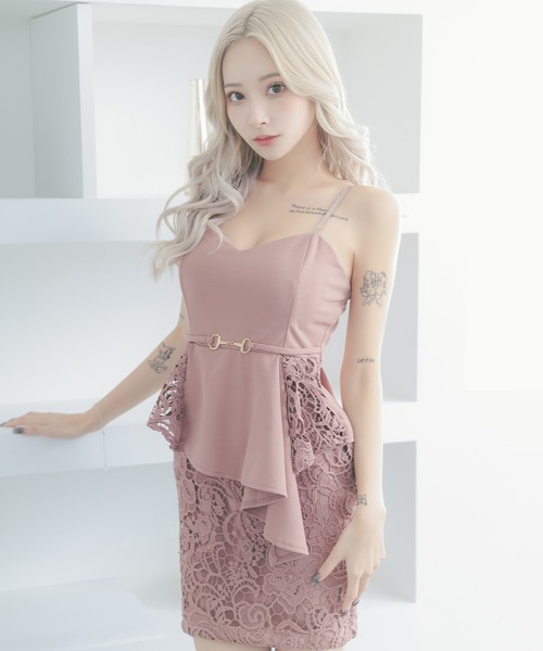 キャミソールアシメペプラムベルト切り替えレースタイトミニドレス(XXXLサイズ) Tika ドレス キャバドレス ベルト付きキャミソールアシメ