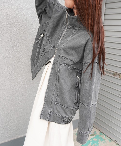 クルニ　スタンドショートブルゾン　ジャケット　ベスト　ブルーグレー ASTRONOMY ブルゾン アウター ドルマンスリーブオーバーサイズショート