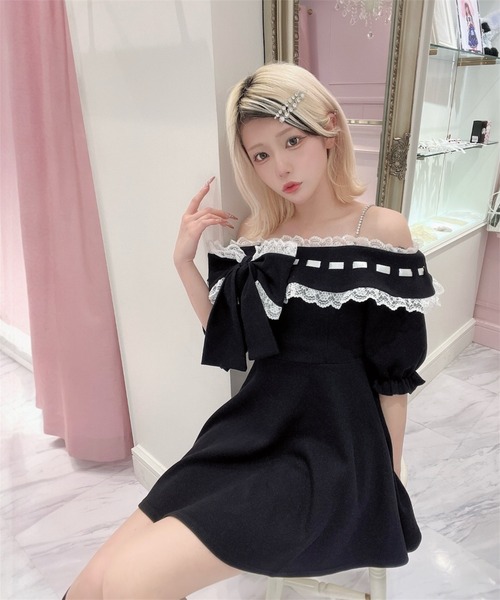 Ank Rouge（アンクルージュ） ワンピース 半袖 リボンオフショルカット 