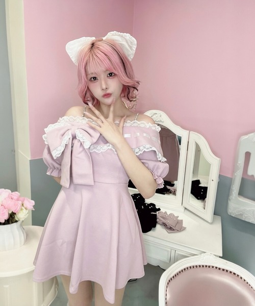 Ank Rouge（アンクルージュ） ワンピース 半袖 リボンオフショルカット