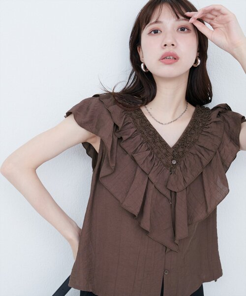フリルスリーブ Vネックブラウス ブラウン natural couture ブラウス シャツ フリルVネックブラウス レディース