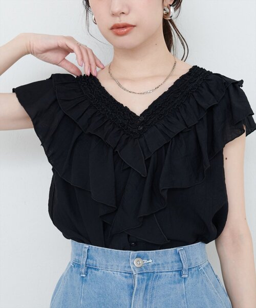 フリルVネックブラウス natural couture ブラウス シャツ フリルVネックブラウス