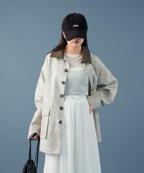 薄いグレーかかった白　カバーオール ジッパー付き mystic（ミスティック） カバーオール 配色カラーカバーオール