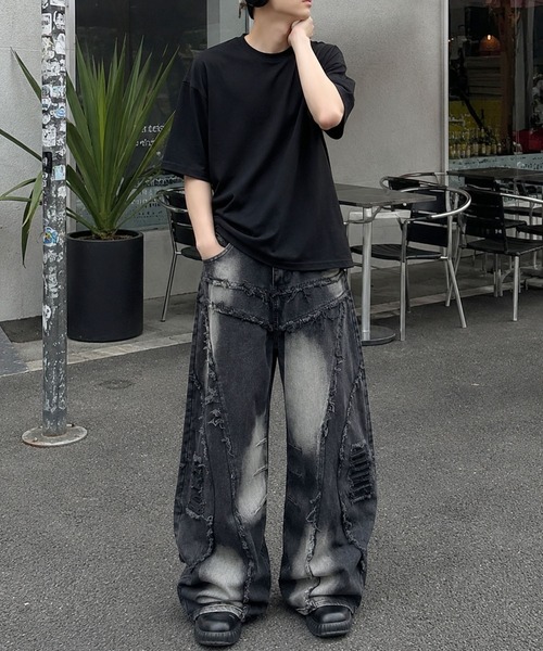 ワイドパンツ ジーンズ HOOK ダメージパッチワークワイドデニムパンツ 