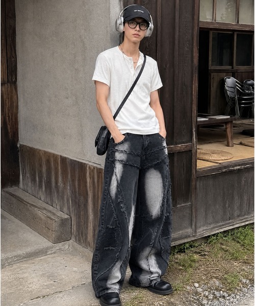 ワイドパンツ ジーンズ HOOK ダメージパッチワークワイドデニムパンツ 