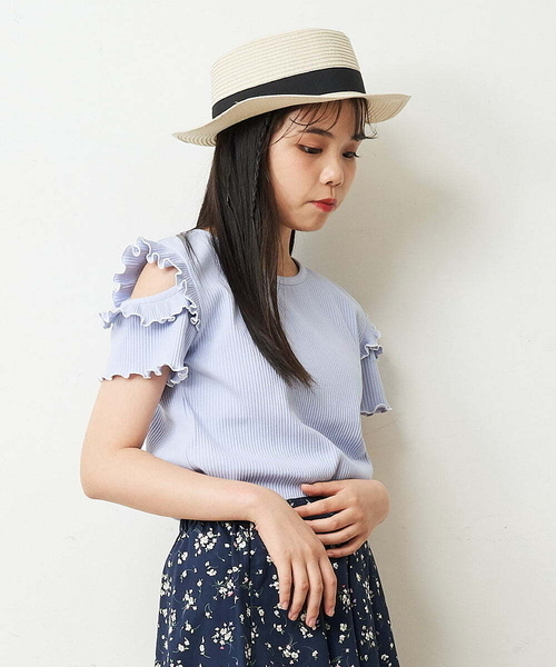 a.v.v tシャツ 「100-130」袖フリルテレコオープンショルダーTシャツ 