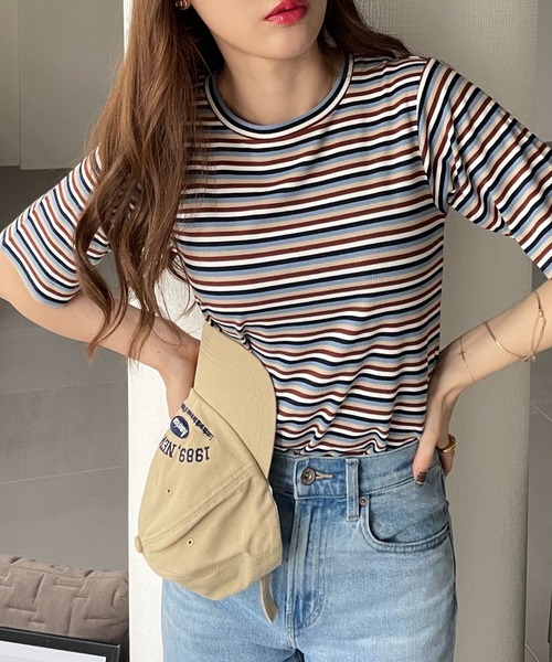 tシャツ マルチボーダーカットソー レディース GeeRA tシャツ マルチボーダー5分袖リブカットソー レディース