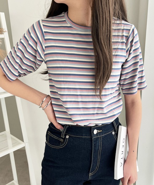 GeeRA tシャツ マルチボーダー5分袖リブカットソー レディース