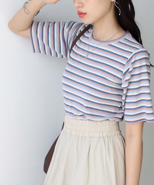 GeeRA tシャツ マルチボーダー5分袖リブカットソー レディース