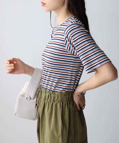 GeeRA tシャツ マルチボーダー5分袖リブカットソー レディース
