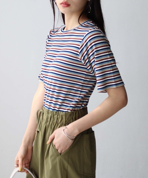 tシャツ マルチボーダーフリルカットソー レディース GeeRA tシャツ マルチボーダー5分袖リブカットソー レディース
