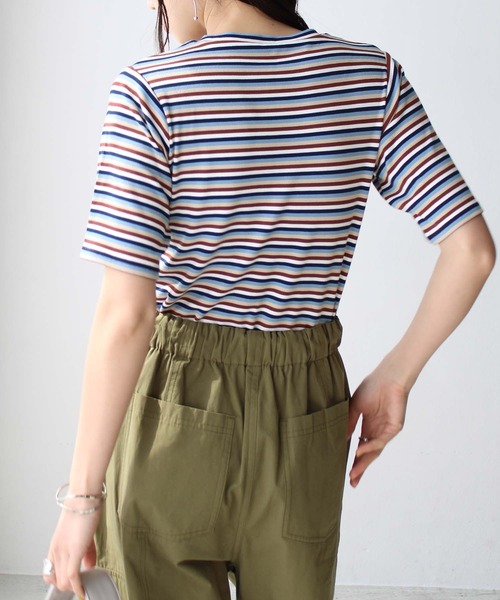 tシャツ マルチボーダーTOPS レディース マルチボーダークルーネックリブTシャツ ボーダー トップス