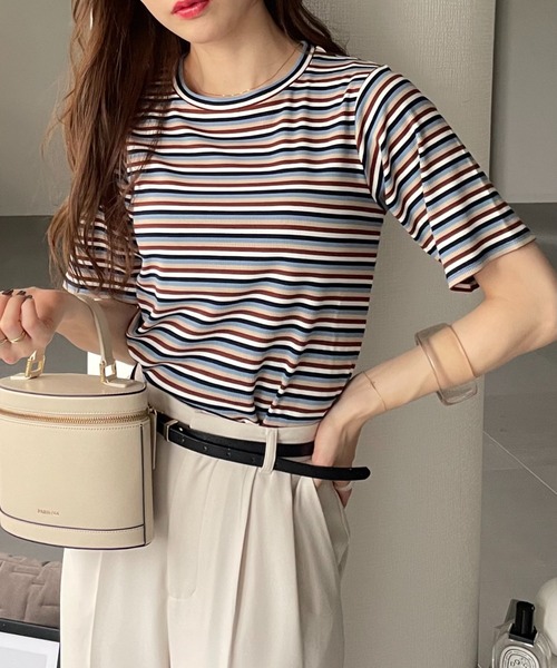 tシャツ マルチボーダーTOPS レディース GeeRA tシャツ マルチボーダー5分袖リブカットソー レディース