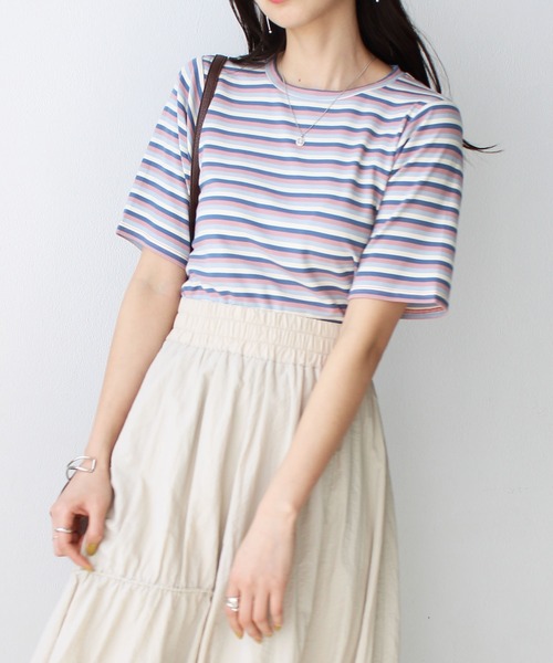 tシャツ マルチボーダーTOPS レディース GeeRA tシャツ マルチボーダー5分袖リブカットソー レディース