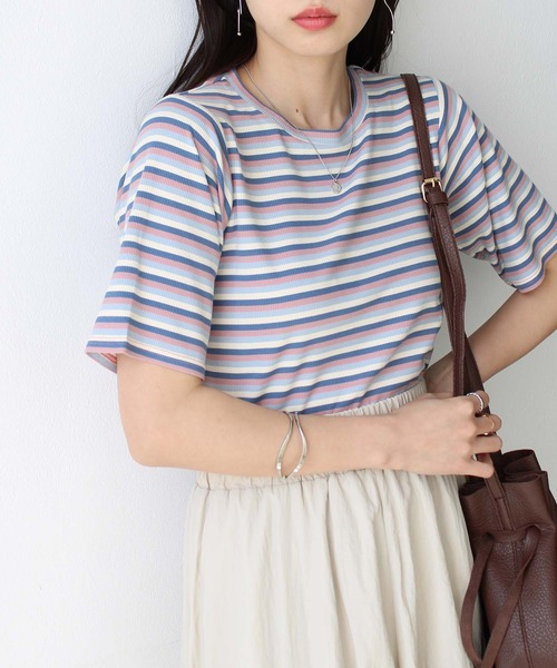 tシャツ マルチボーダーTOPS レディース GeeRA tシャツ マルチボーダー5分袖リブカットソー レディース