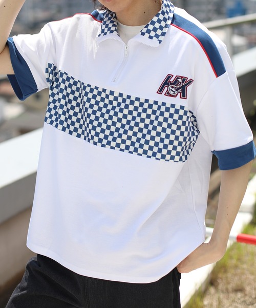 ブロックチェック トップス ホワイト 半袖 100サイズ tシャツ HOOK -original- レーシング風ブロックチェック切り替え半袖