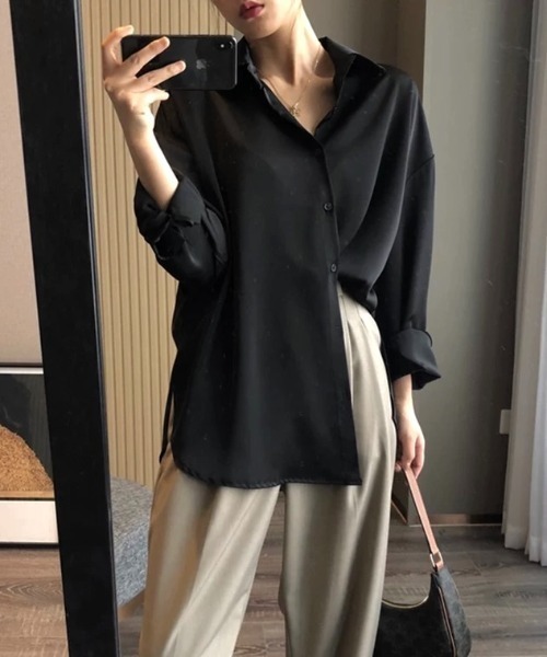 ブラウス シャツ 「セットアップ対応」オーバーサイズ バンドカラー サテンシャツ レディース ANGIE ブラウス シャツ 「セットアップ対応」オーバーサイズ
