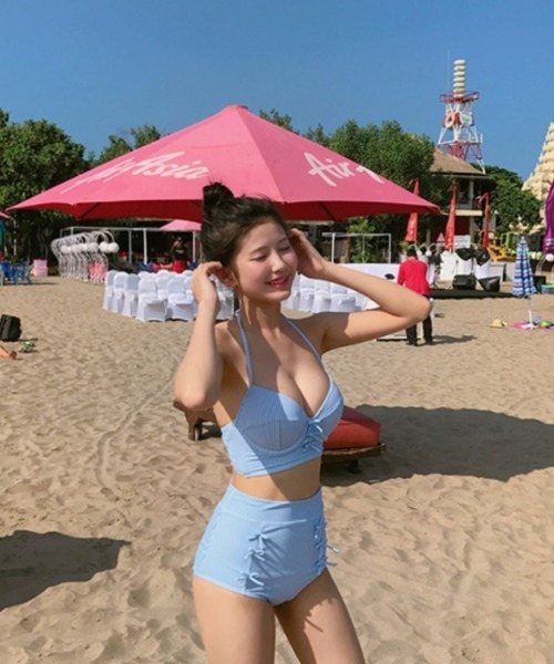 水着 リボンデザイン ストライプ ハイウエストビキニ レディース