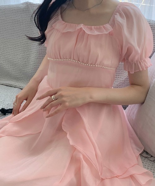 ワンピース スクエアネックフリルパール フレアボリュームワンピース