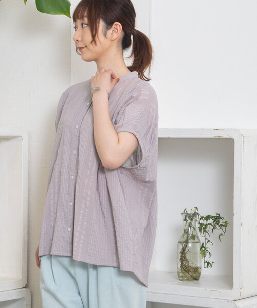 美品 nest Robe シアサッカーストライブブラウス パープル