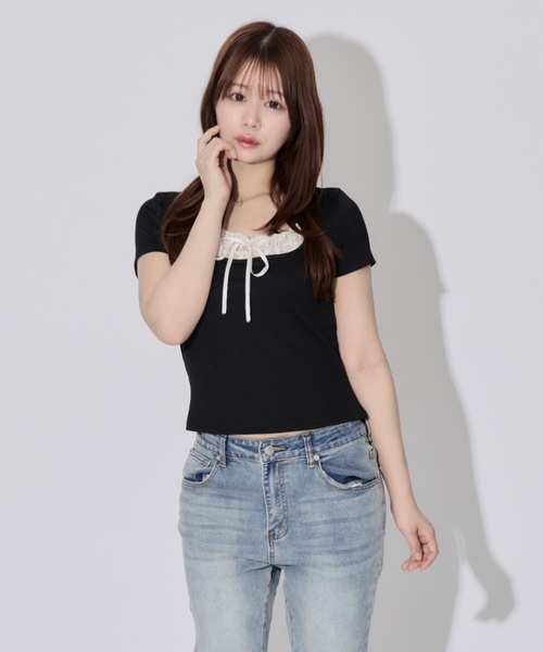 ALLuRing ChaRm ブラウス シャツ Square Neck Ruffle Ribbon Tops