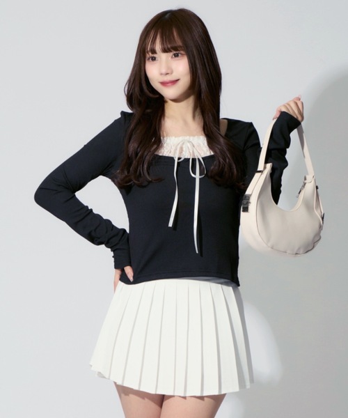 ALLuRing ChaRm ブラウス シャツ 夏 Square Neck Ruffle Ribbon Tops