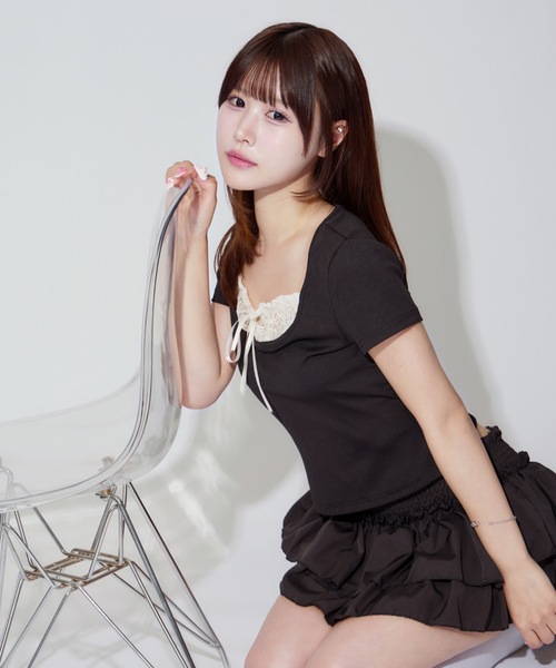 ALLuRing ChaRm ブラウス シャツ Square Neck Ruffle Ribbon Tops