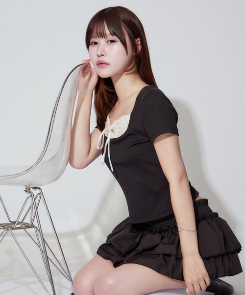 JilLA ブラウス シャツ 夏 Square Neck Ruffle Ribbon Tops / スクエア