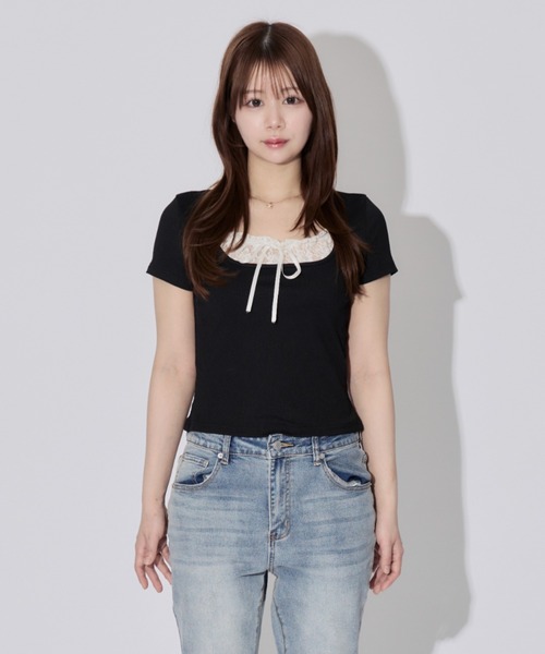 ALLuRing ChaRm ブラウス シャツ 夏 Square Neck Ruffle Ribbon Tops
