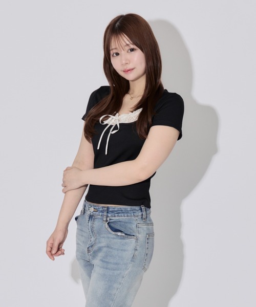 ALLuRing ChaRm ブラウス シャツ Square Neck Ruffle Ribbon Tops