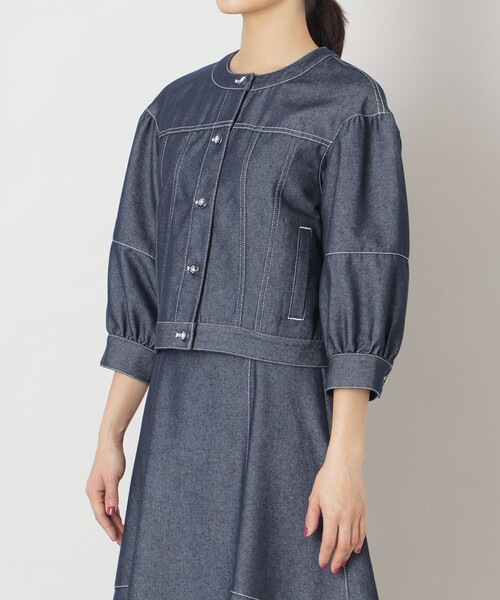 新品 トゥービーシック ノーカラージャケット デニム風　L相当　未使用　タグ付 TO BE CHIC（トゥー ビー シック） ジャケット ノーカラージャケット
