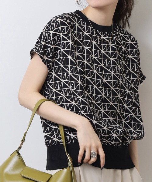 tシャツ EGLANTINE 幾何学柄 裾リブ切替プルオーバー レディース