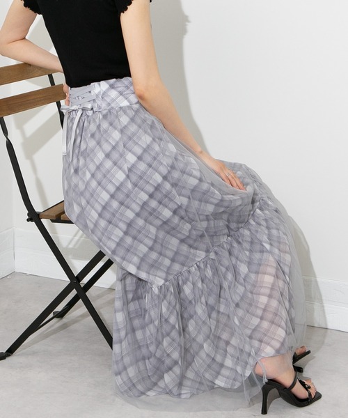 pumpkin port スカート 後ろリボン シアーチェックレイヤード  
