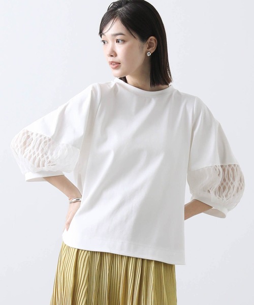 tシャツ 袖３Ｄレースパフ５ブ袖カットソー レディース