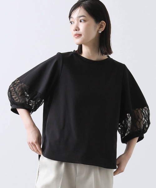 Gready Brilliant 半袖 カットソー レース ブラック Gready Brilliant tシャツ 袖3Dレースパフ5ブ袖カットソー