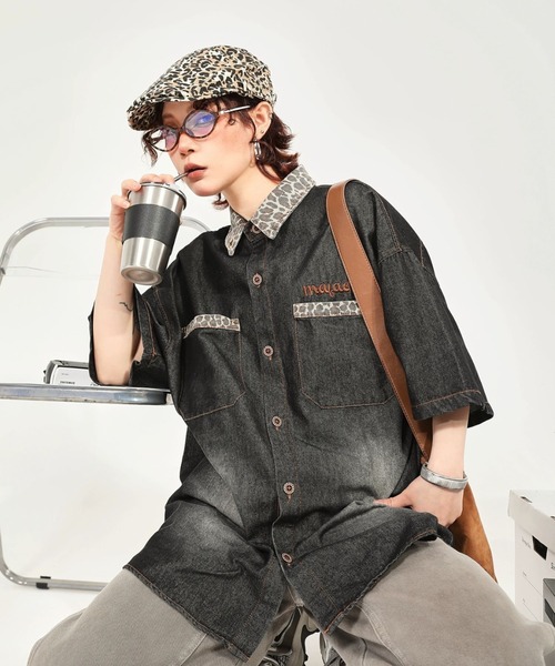 GEMEDA シャツ ヒョウ柄デニム半袖シャツ メンズ レディース