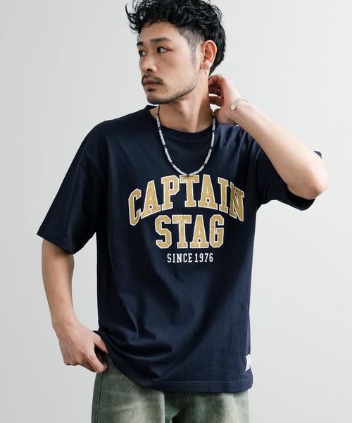 【大きいサイズ】キャプテンスタッグ ビンテージプリント クルーネック半袖Ｔシャツ CAPTAIN STAG tシャツ キャプテンスタッグ ビンテージカレッジ