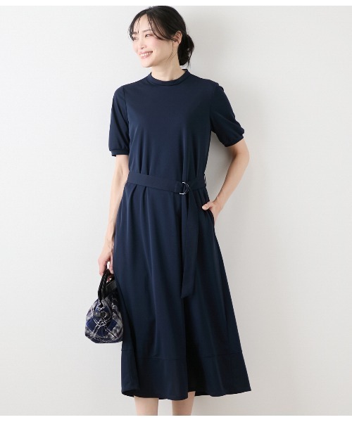 tシャツ 強撚スムース ハイネック5分袖カットソーワンピース レディース