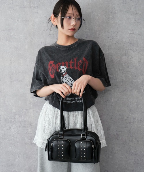 スタッズ付き レザーハンドバッグ ブラック WEGO（ウィゴー） ハンドバッグ WEGO/スタッズ付き立体ポケット