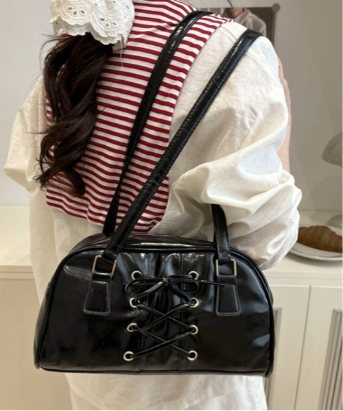 【JRA認定】パイソン ミニボストン バッグ ハンドバッグ ブラック 旅行 美品 ボストンバッグ レースアップリボンPUミニボストンバッグ レディース