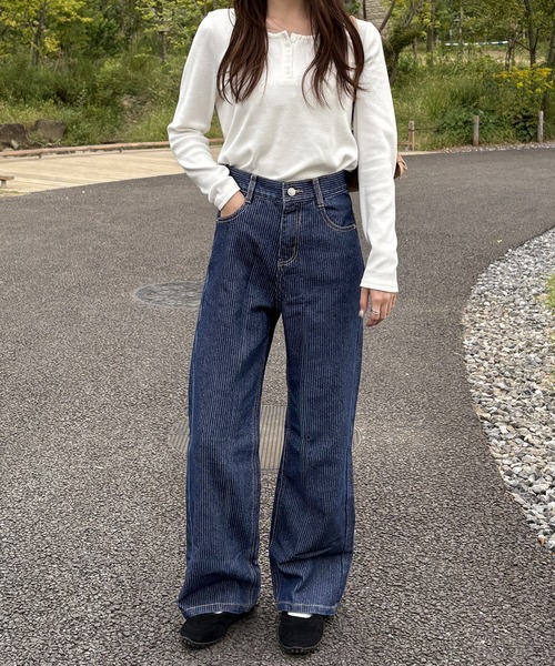 ワイドパンツ ジーンズ デニム デニムパンツ ストライプストレート