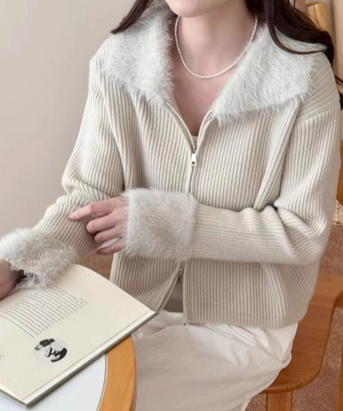 希少✨ファビアナフィリッピ　ロングコート　ニットカーディガン　S グレー　ファー Aelina コート アウター 襟と袖ファー付きZIP付きニットカーディガン