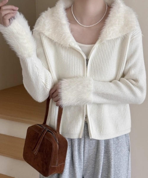 Aelina コート アウター 襟と袖ファー付きZIP付きニットカーディガン