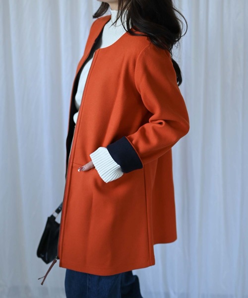 「＆HALF」 「noa-ge」ノーカラーコート M ブルー レディース_画像2