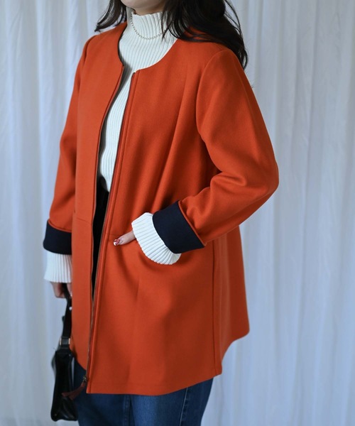 「＆HALF」 「noa-ge」ノーカラーコート M ブルー レディース_画像3