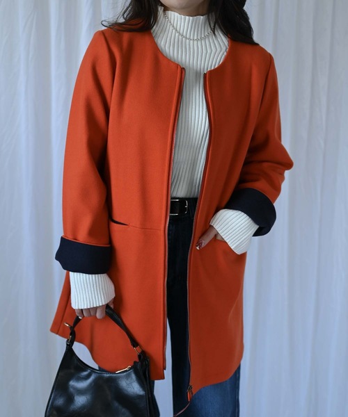 「＆HALF」 「noa-ge」ノーカラーコート M ブルー レディース_画像4