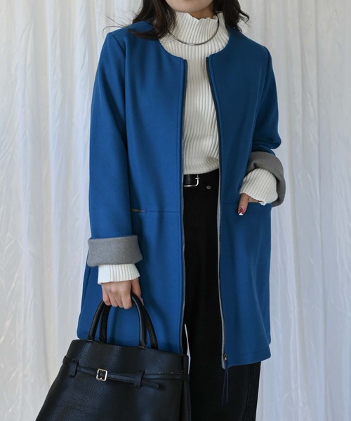 「＆HALF」 「noa-ge」ノーカラーコート M ブルー レディース_画像8