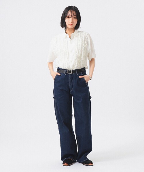 ブラウス シャツ ドビー フリル ショートスリーブ シャツ レディースの画像
