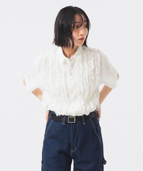 ブラウス シャツ ドビー フリル ショートスリーブ シャツ レディースの画像